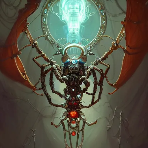 Image similar to biomechanical spider king, cyberpunk, bionics, augments, lights, cables, elegant gleaming intricate baroque jewellery, colorful, vivid, imposing, epic, digital painting, artstation, concept art, by peter mohrbacher and wlop and rhads,