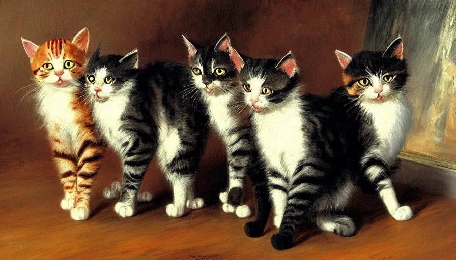 Image similar to highly detailed painting of cats with really really tall legs by william turner, thick brush strokes and visible paint layers, 4 k resolution