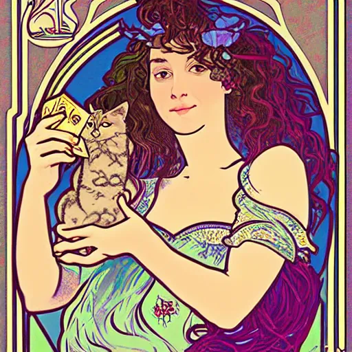 Image similar to lady with long curly hair reading tarot cards surrounded by cats in a gypsy tent, Alphonse Mucha, nouveau poster style with thin lines and pastel colors