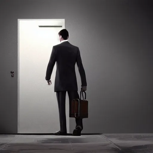 Image similar to a man in a suit holding a briefcase coming out of an door that has an white room in it, Matte painting , detailed painting, greg rutkowski