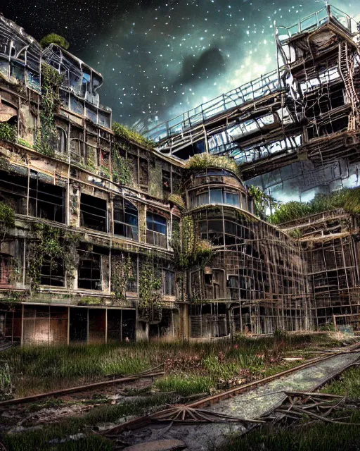 Image similar to a beautiful hyperdetailed illustration of nature unfinished building mine architecture building industrial architecture city urbex abandoned by rafael aranda, liberty city flowers sci - fi at spring cgsociety nightsky, archdaily, wallpaper, highly detailed, trending on artstation.