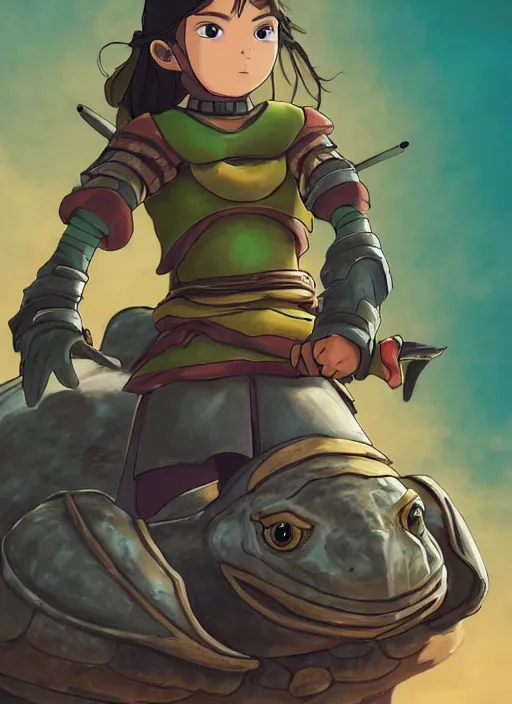 Image similar to portrait of a little warrior girl character riding on top of a giant armored turtle in the desert, studio ghibli epic character with dark skin and beautiful green eyes, very beautiful detailed symmetrical face, long black hair, bright colors, diffuse light, dramatic landscape, fantasy illustration