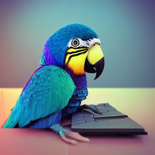 Prompt: “parrot using its beak to type on a keyboard, hd, volumetric lighting, photorealistic, octane render, photo, trending on artstation, flickr”