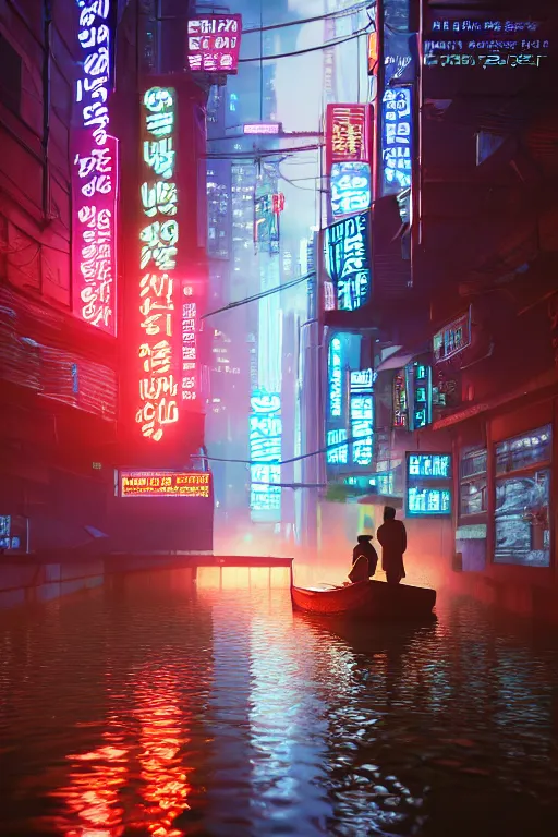 Image similar to cyberpunk flooded rainy south korea, seoul, man in small row boat, reflections, cinematic lighting, photorealistic, trending on artstation, storefronts made of neon lights, hyper realistic rendering photography, unreal 5 engine render, ultra wide angle, long shot, 8 k