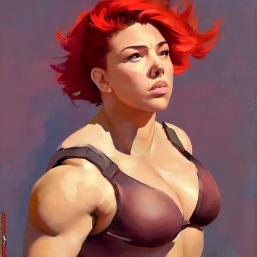 Image similar to greg manchess portrait of sleeping thick muscular weightlifter zarya from overwatch with ponytail and red hair played by scarlett johansson, medium shot, asymmetrical, profile picture, organic painting, sunny day, matte painting, bold shapes, hard edges, street art, trending on artstation, by huang guangjian and gil elvgren and sachin teng