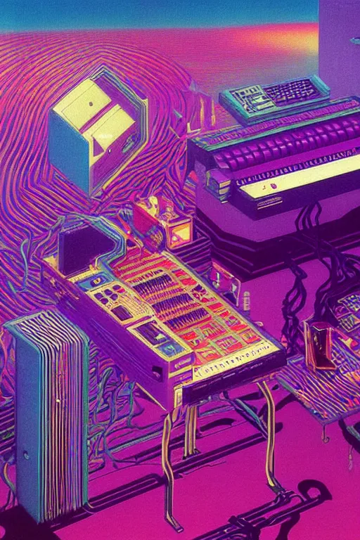 Prompt: 8 0 s art deco synthesizers, speakers, computers, cinematic dramatic cyberpunk textural fluid lines purple, pink, blue, green. otherworldly vaporwave interesting details fantasy lut epic composition by basquiat zdzisław beksinski james jean artgerm rutkowski moebius francis bacon gustav klimt