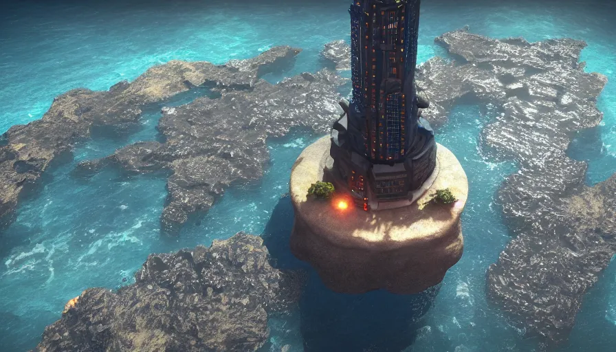 Image similar to a island in the middle of the ocean with a large cyberpunk tower on it, octane, redshift, volumetric lighting, reflections