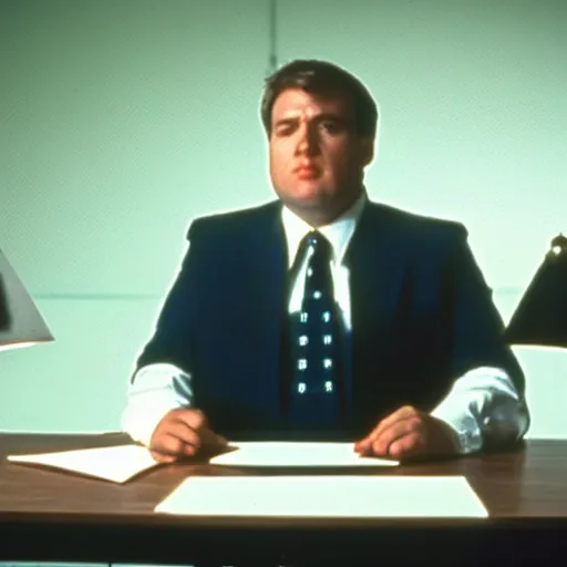 Image similar to clean - shaven chubby white man wearing a shirt and necktie sitting at a desk, 1 9 8 9 movie still, cinematography, cinematic lighting