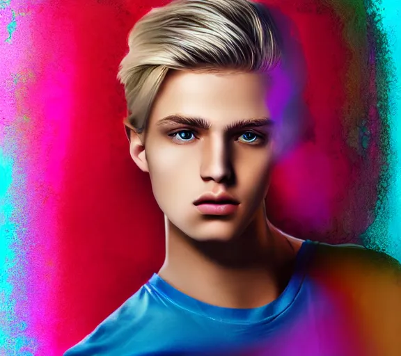 Image similar to extremely beautiful blonde young man with hyperealistic glossy eyes, digital art, colourful background seductive.