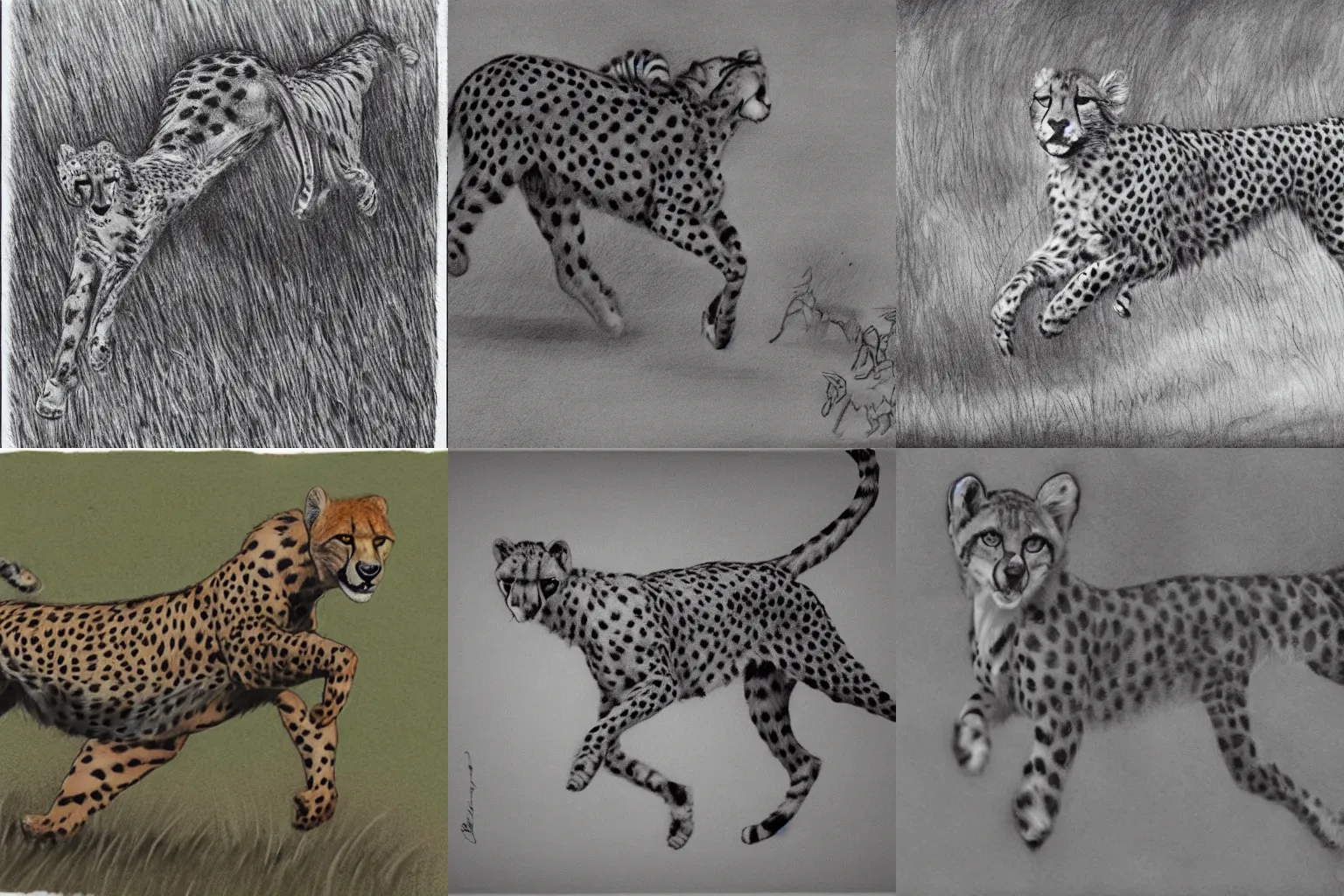 Prompt: A pencil drawing of a full cheetah running with hand drawn savanna background