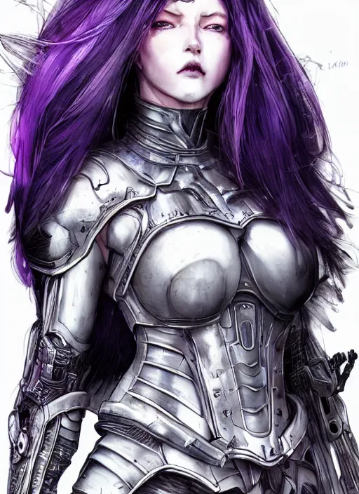 Image similar to close up portrait of a pale woman in sci - fi armor with purple hair, powerful, domineering, stoic, masterful, intense, ultrafine hyperdetailed illustration by kim jung gi, irakli nadar, intricate linework, sharp focus, octopath traveler, yoji shinkawa, yoshitaka amano, detailed, concept art