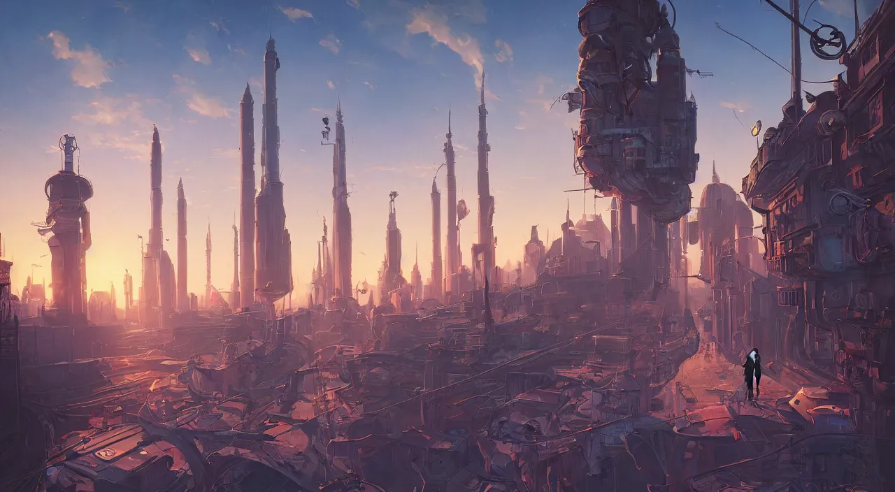 Image similar to a street level painting towards the horizon with high detail, sci - fi colorful victorian city with a victorian astronaut in the foreground at sunset with sharp shadows by tyler edlin and sparth, wide angle lens, 4 k, vray, art nouveau influences. roger deakins, cinematic cinematography.