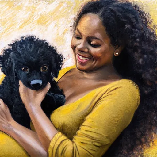 Prompt: pregnant black woman with curly hair, laying down, a tiny black puppy running around, golden hour, vintage, impressionist painting, fine art, oil painting, dreamy, pastel, laughing, happy, intricate details, sharp, peaceful, serene