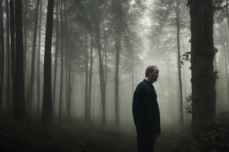 Prompt: a cinematic headshot portrait of a male scientist, in a spooky forest, fog, portrait, portrait, portrait, shrubbery, 8 k, detailed, backlight, deep focus, movie still, moody lighting, by werner herzog