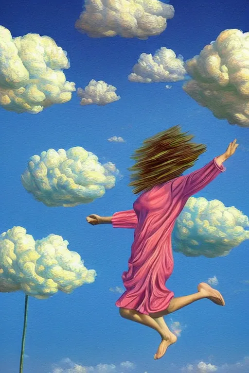 Image similar to look up, giant carnation flower head, woman jumping, clouds in blue sky, surreal, impressionist painting, digital painting, artstation, rob gonsalves