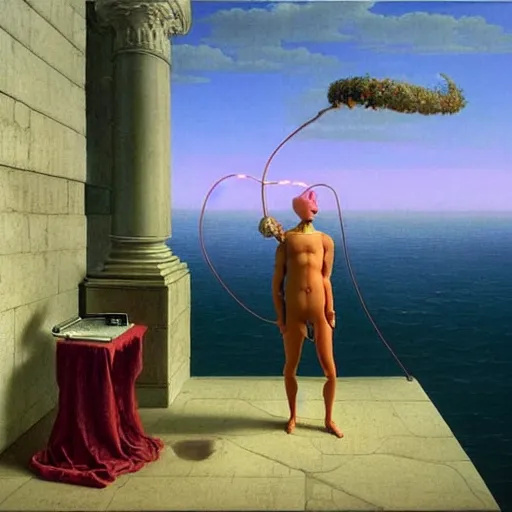 Image similar to David Friedrich, award winning masterpiece with incredible details, a surreal vaporwave vaporwave vaporwave vaporwave vaporwave painting by Thomas Cole of an old pink mannequin head wearing VR goggles with cables and wires coming out of it's neck, highly detailed