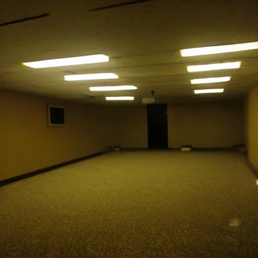 Image similar to flash low quality photograph of the backrooms, mustard - yellow old moldy moist carpet room, empty liminal space, very dark shadows, broken fluorescent lighting, horror movie scene, film grain