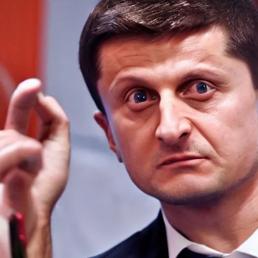 Image similar to Volodymyr Zelenskiy as The American Psycho, sweating profusely, staring intensely