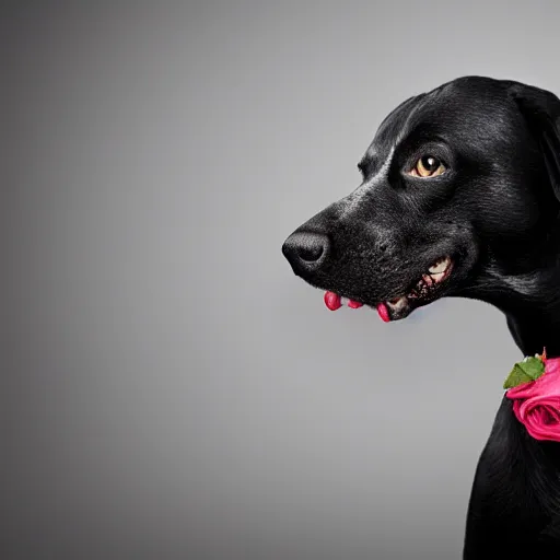 Image similar to black dog with rose in it's mouth, green eyes, studio lighting, cinematic, 4 k, detailed, global illumination, chromatic abberation