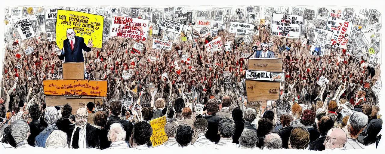 Image similar to an political caricature of politician at a podium surrounded by a crowd of angry protestors with signs, by gerald scarf and ralph steadman, illustration, ink drips, front angle, ink splatters, pen and ink, flat color, drawing, facing front, anatomically correct, beautiful perfect face, sharp focus, highly detailed, cinematic lighting, 8 k, hd