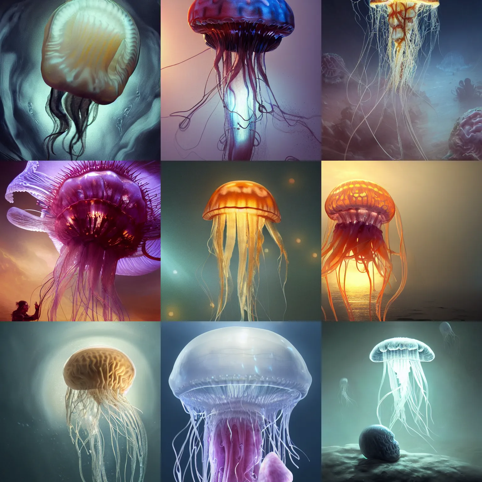Prompt: jellyfish with a human brain, translucent, volumetric lighting, 8 k octane beautifully detailed render, post - processing, extremely hyper - detailed, intricate, epic composition, cinematic lighting, wide shot angle, masterpiece, trending on artstation, detailed detailed detailed, masterpiece, stunning art by anders zorn, wonderful masterpiece by greg rutkowski, beautiful cinematic light,