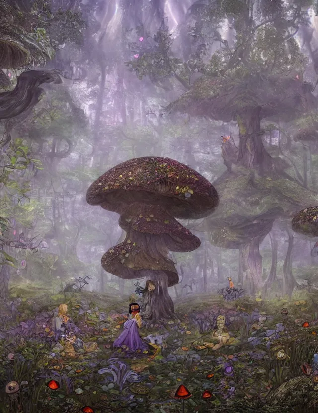 Image similar to mysterious fairy landscape of a mushroom kingdom in the middle of the foggy forest, ornate, misty, intricate, ring light, baroque elements, dan mumford, junji murakami, mucha klimt, van gogh, hiroshi yosida, frank frazetta and craig mullins art styles