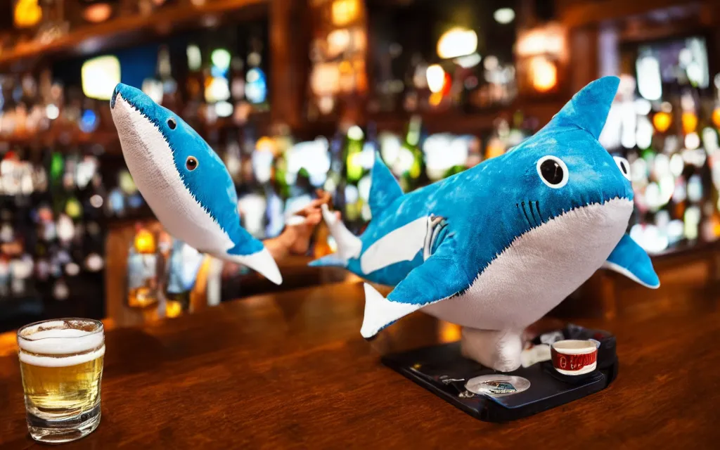 Image similar to Shark plush ordering a beer at a bar, stuffed toy, fish, dim lighting, 50mm, depth of field