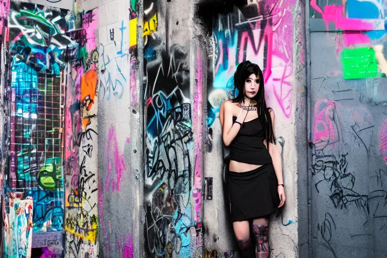 Prompt: full body portrait of a young cyberpunk woman leaning against the wall in an alley, sharp focus and highly detailed face, short asymmetrical tube top, plaid skirt, graffiti covered walls, rubbish strewn on the ground, ghetto, award winning fashion magazine photography,