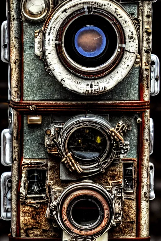Image similar to A photo of a very old opened camera with film, vacuum tubes, capacitors and coils inside by Richard Kuiper and Steve McCurry, grungy, weathered Ultra detailed, hyper realistic, 4k