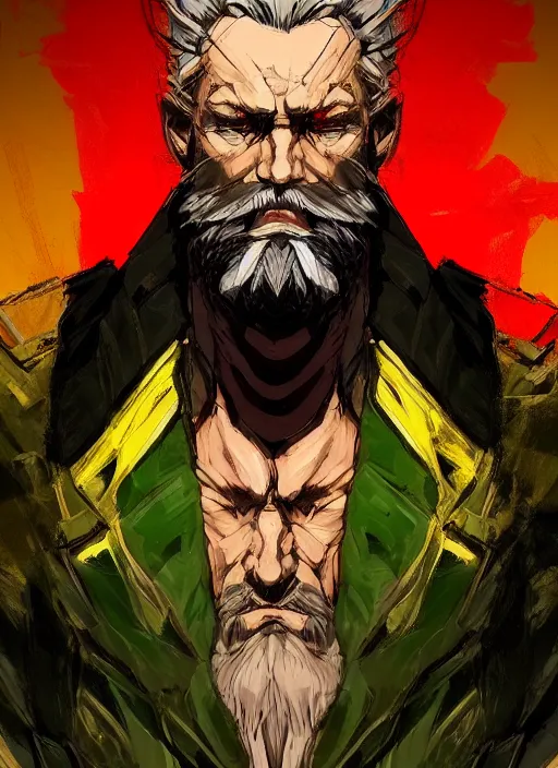 Image similar to Full body portrait of an old muscular man with blonde hair and beard red, green and gold jacket. In style of Yoji Shinkawa and Hyung-tae Kim, trending on ArtStation, dark fantasy, great composition, concept art, highly detailed.