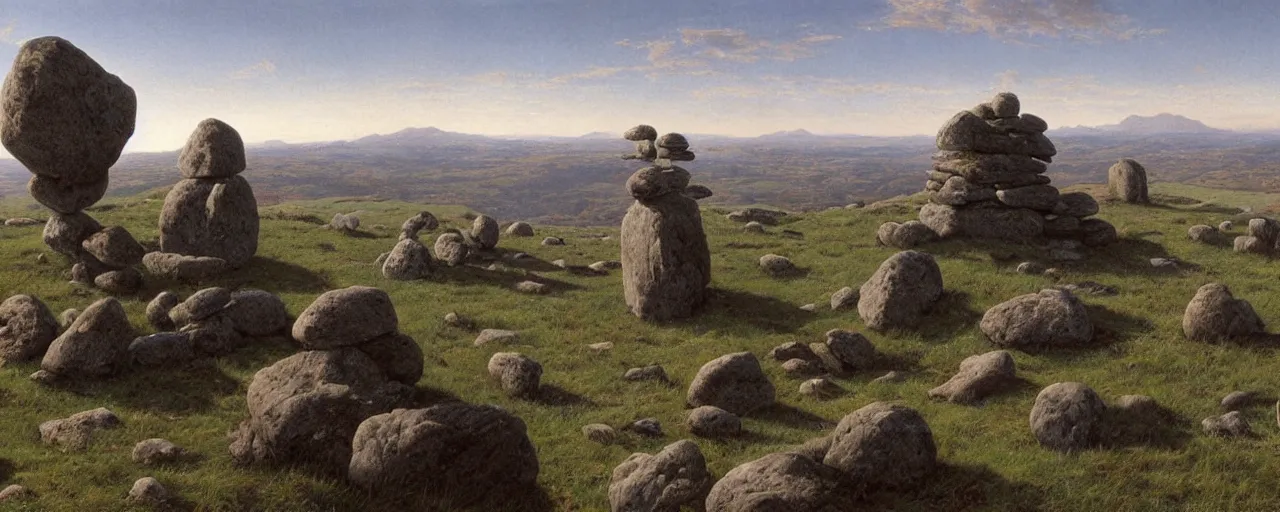 Image similar to a high hill landscape with a circle of large stones in the shape of fingers on the top, by ted nasmith