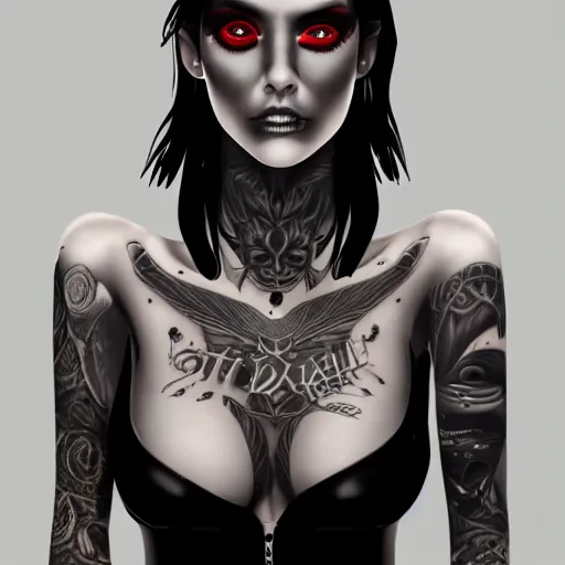 Image similar to Hot young woman, grey skin, void eyeballs, tattoos, wearing leather, digital art, concept art, 4k, 8k