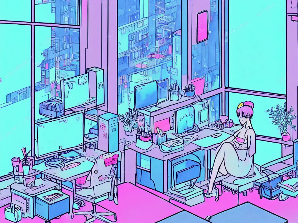 Prompt: beautiful drawing of a female in her small apartment sitting at her computer desk which is in front of a window which looks out to the neon cyber city, style vaporware cartoon japan, low - fi, chill scene, kawaii anime manga style, illustration, aesthetic, minimalistic!! simple, neon pastel, in the style of bryce kho and hayao miyazaki