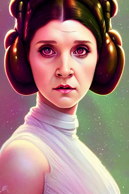 Prompt: a portrait of princess leia, fantasy, sharp focus, intricate, elegant, digital painting, artstation, matte, highly detailed, concept art, illustration, ambient lighting, art by ilya kuvshinov, artgerm, alphonse mucha, and greg rutkowski