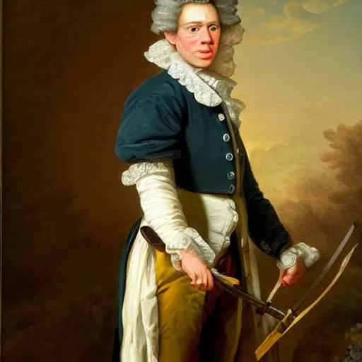 Image similar to Jerma985 wearing a colonial wig in an 18th century 1700's Painting, detailed, highly detailed, heroic, epic, complex, very detailed, realistic, HD quality, 8k resolution, body and headshot, Oil Painting, 18th century Painting of Jerma985, Painting, Trending on Artstation