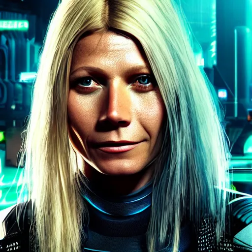 Image similar to gwyneth paltrow portrait, cyberpunk 2 0 7 7, cyberpunk judy alvarez, photorealistic, ultra detailed, neon, octane, bokeh, cinematic lighting, cyber, cyberpunk city, studio quality, feature, scars, cyberface, 8 k