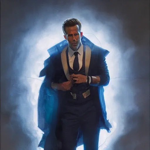 Image similar to ryan reynolds as a black and blue suit spider - man, cinematic, volumetric lighting, f 8 aperture, cinematic eastman 5 3 8 4 film, photorealistic by greg rutkowski, by stanley artgerm, by alphonse mucha