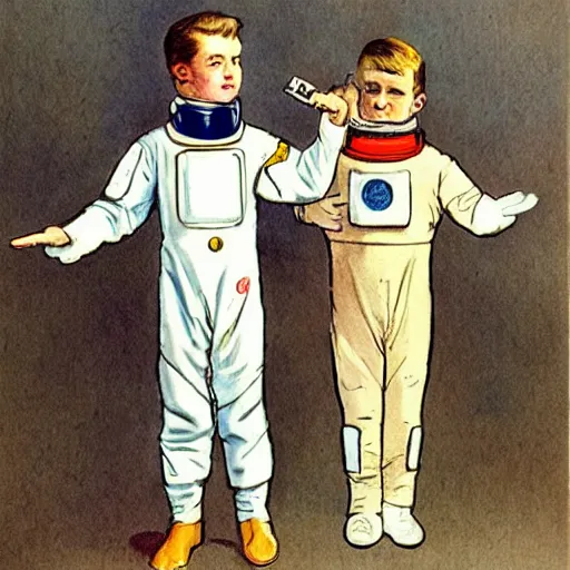 Image similar to Orville Houghton Peet and William Simpson and Jean Gautier color sketch of a boy super scientist in a retro home made astronaut suit