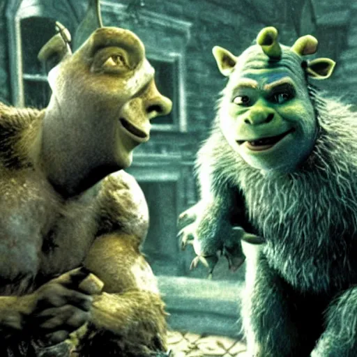 Prompt: film still of Shrek as a werewolf in American Werewolf in London