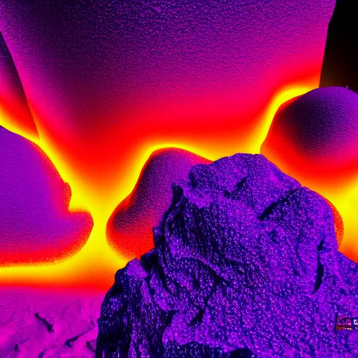 Image similar to 3D statue!!!, purple shattered paint!, glowing lava!!!, conglomerate!, slush!!, organized composition!, abstract!, black backdrop!, 4k!, award-winning photo!!!!