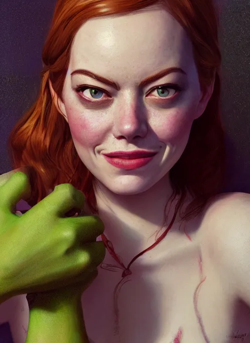 Image similar to portrait of emma stone as shrek, naturel, hyper detailed, digital art, trending in artstation, cinematic lighting, studio quality, smooth render, unreal engine 5 rendered, octane rendered, art style by klimt and nixeu and ian sprigger and wlop and krenz cushart.