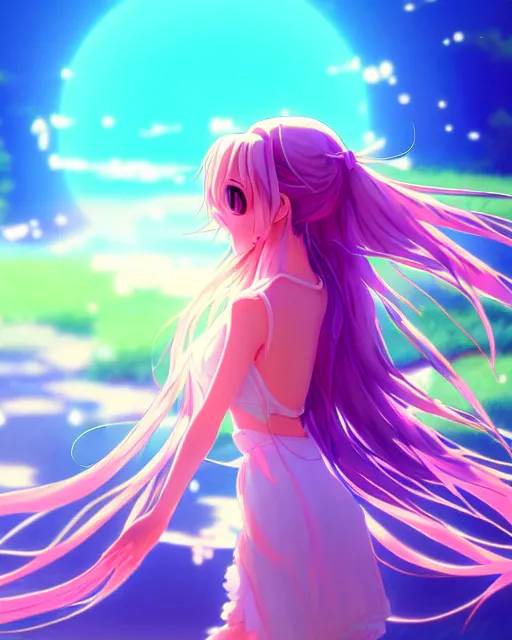 Image similar to anime style, vivid, expressive, full body, 4 k, a cute girl with white skin and long pink wavy hair singing a song, heavenly, stunning, realistic light and shadow effects, happy, centered, landscape shot, happy, simple background, studio ghibly makoto shinkai yuji yamaguchi