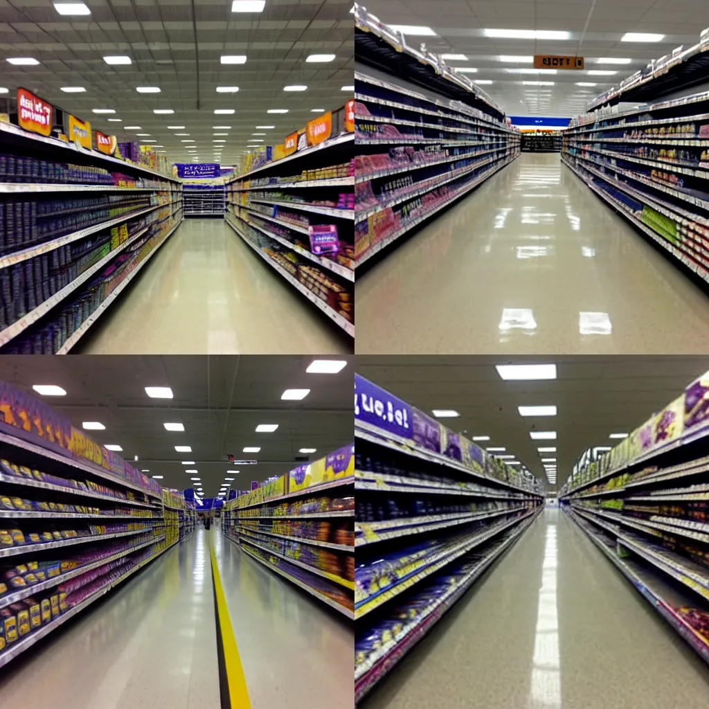 Prompt: liminal space superstore, Wal Mart, dark, spooky, nothing on shelves, eerie