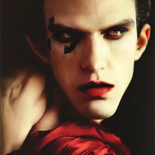 Image similar to head and shoulders vogue fashion photo portrait of a male vampire, d & d, fantasy, medieval castle, year 1 1 8 9, annie liebovitz