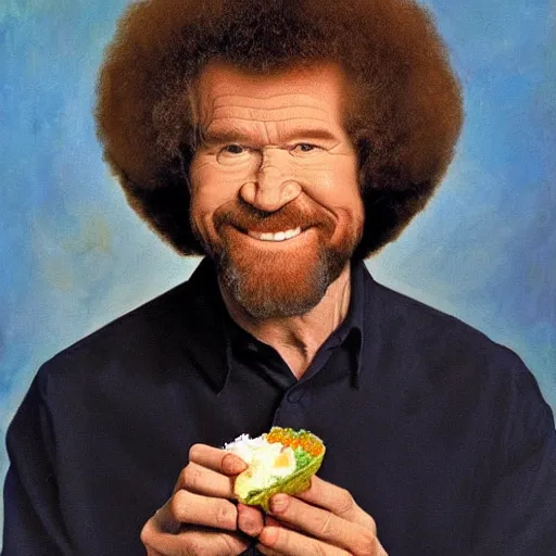 Image similar to bob ross eating a taco, portrait,