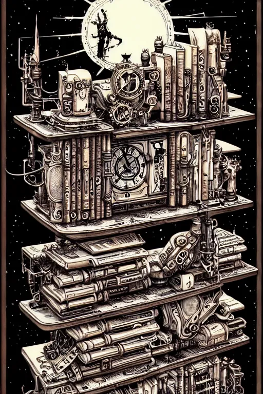 Image similar to a majestic steampunk alchemist book shelf, furniture, high details, bold line art, by vincent di fate and joe fenton, inking, etching, screen print, masterpiece, trending on artstation, sharp, high contrast, hyper - detailed,, hd, 4 k, 8 k