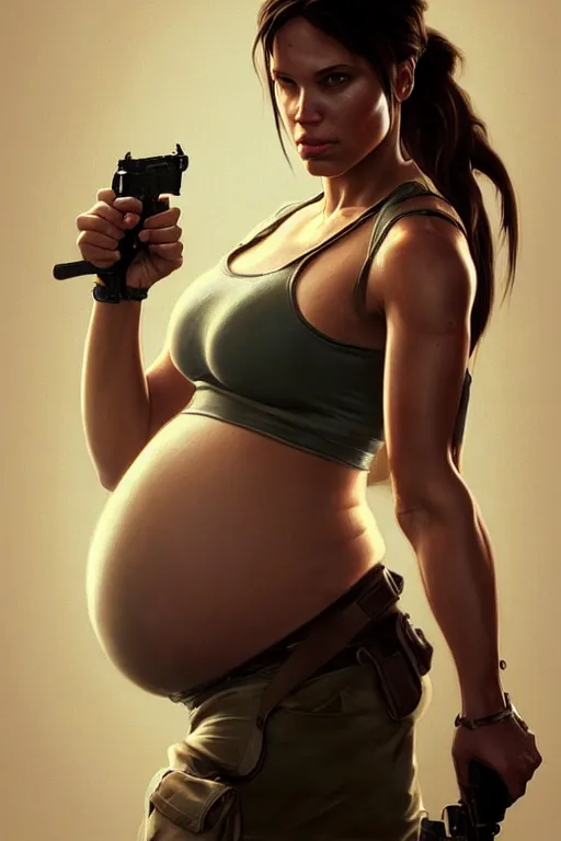 Image similar to pregnant lara croft in a tank top, realistic portrait, symmetrical, highly detailed, digital painting, artstation, concept art, smooth, sharp focus, illustration, cinematic lighting, art by artgerm and greg rutkowski and alphonse mucha