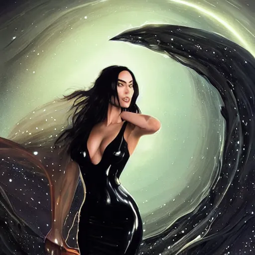 Prompt: portrait of megan fox wearing a tight black latex dress with galaxy lights and stars, sultry muscular body, fantasy, intricate, elegant, highly detailed, digital painting, artstation, concept art, matte, sharp focus, perfect face symmetry, illustration, art by aenaluck and roberto ferri and greg rutkowski, epic fantasy, digital painting