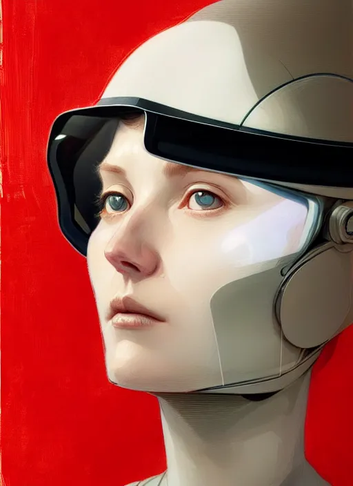 Prompt: artwork by james jean and Phil noto; a close up on the face of a beautiful woman that in a future space suit; wearing futuristic astronaut helmet; highly detailed; pretty eyes; circular black pupils; artwork by james jean and Phil noto