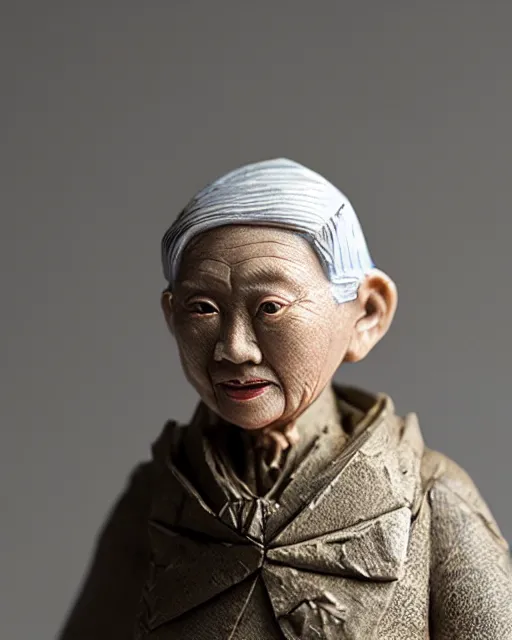 Image similar to an origami wrinkled old fisherlady by akira yoshizawa, realistic, very detailed, complex, intricate, studio lighting, bokeh, sigma 5 0 mm f 1. 4